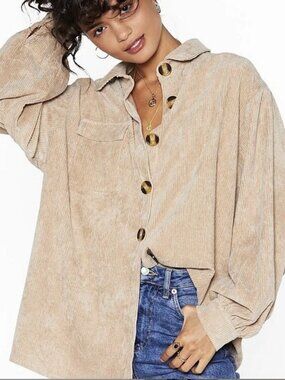 Nasty Gal Oversized Corduroy Shirt Jacket - Beige - Sz 16